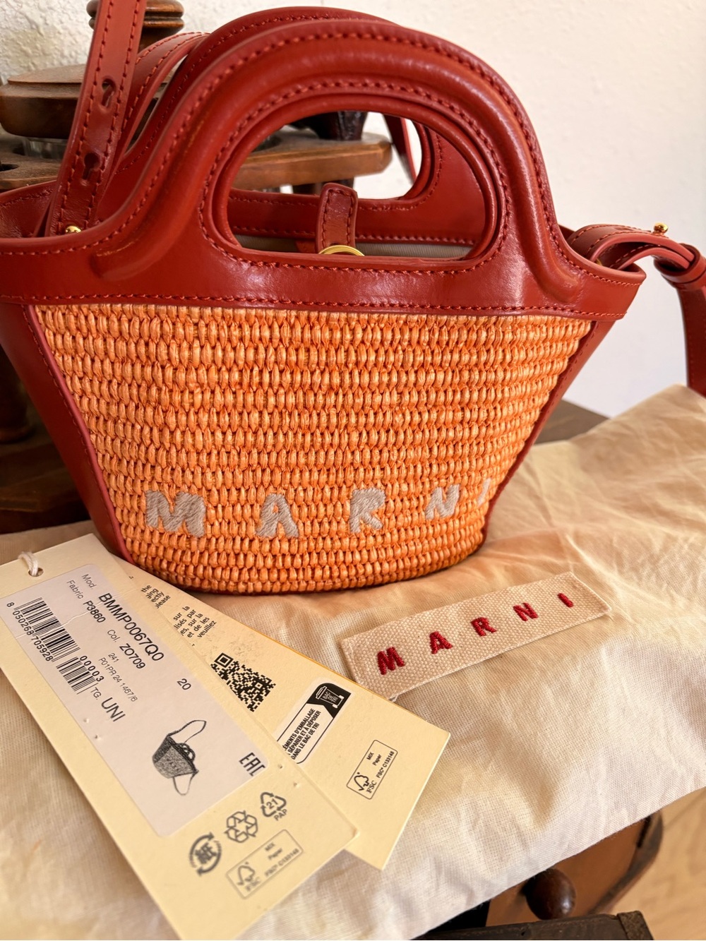 Authentic Marni Orange Woven Mini Bag with Brown-Red Leather Trim